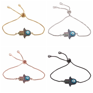 Bracelet Ethnique en Cuivre Main de Fatma Mauvais Œil Bracelet Chaîne Coulissante avec Strass Colorés Bijoux pour Femmes