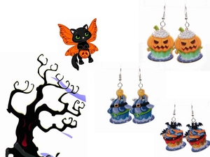Three pairs of Halloween drop earrings featuring pumpkin, wizard hat, and bat cupcakes