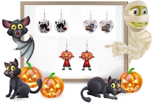 Three-pair Halloween earring set featuring black cat, mummy heart, and pumpkin boy charms