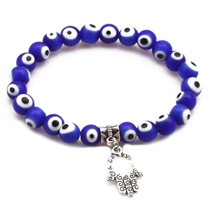 Blue evil eye beaded bracelet with silver Hamsa Hand charm for women and men