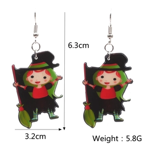 Detail view showing dimensions of acrylic cartoon witch earrings for Halloween outfits