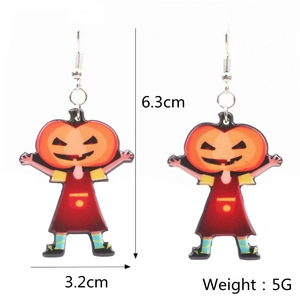 Detailed view of Halloween pumpkin boy acrylic earrings with dimensions 6.3cm by 3.2cm