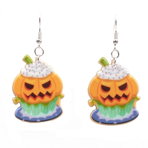 Halloween pumpkin cupcake earrings with orange smiles and white cream on silver hooks