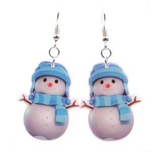 Boucles d'oreilles bonhomme de neige en acrylique avec bonnet bleu et crochets argentés