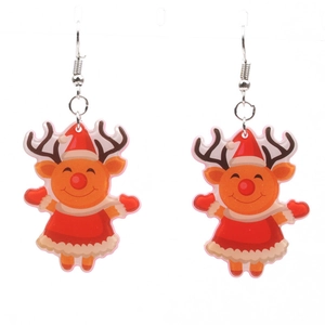 Kerstmis rendier oorbellen van acryl met feestelijke rode outfit en zilveren haken