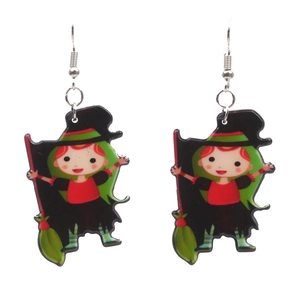 Halloween witch drop earrings with green hair and broom for festive costume parties