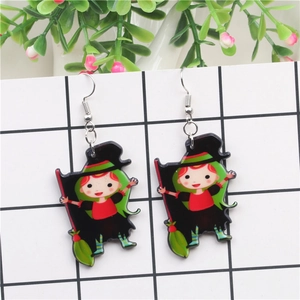 Cartoon witch earrings with broomstick and black hat for Halloween party accessory