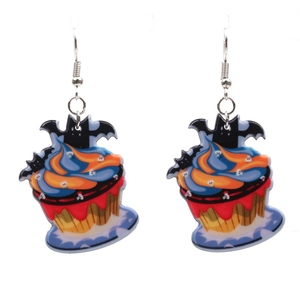 Halloween acrylic cupcake earrings featuring bat pumpkin and ghost decorations