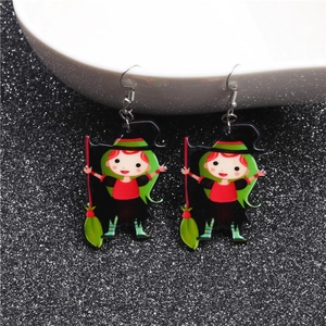 Cartoon witch girl drop earrings for Halloween with red dress and green broom