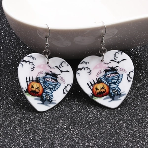 Halloween heart-shaped acrylic earrings with mummy and pumpkin print on white base
