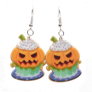 Halloween pumpkin cupcake earrings with orange acrylic charms and silver metal hooks