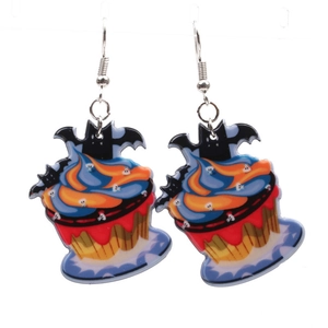 Halloween theme cupcake and bat acrylic earrings with festive skeleton pattern designs