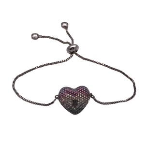 Adjustable black chain bracelet with a colorful zircon heart keyhole pendant on white background