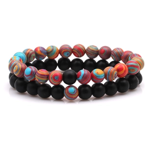 Bracelets élastiques 8mm en agate noire mate et perles rayées pour couples