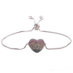 Adjustable colorful heart zircon bracelet in silver box chain with pavé stones