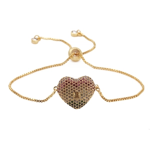 Adjustable gold bracelet featuring a heart lock pendant with multi-colored pavé cubic zirconia