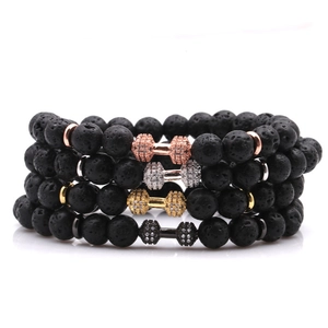 Set of 4 fitness beaded bracelets with 8mm lava stone and micro-pave zircon dumbbells
