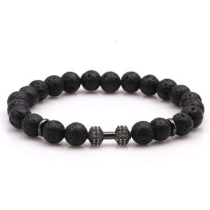Black volcanic lava stone beaded bracelet with rhinestone dumbbell charm for fitness fans