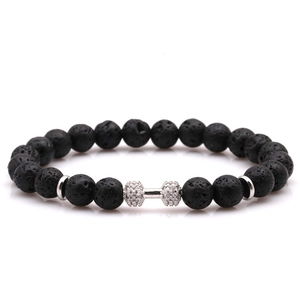 Black lava stone beaded bracelet with cubic zirconia dumbbell charm and silver spacers