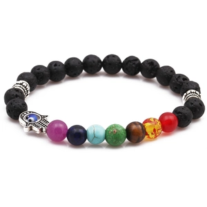 8mm Black Lava Stone Bracelet with Seven Chakra Beads and Silver Hamsa Hand Charm