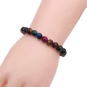 Detailed view of an 8mm multi-colored tiger eye bead bracelet worn on a wrist
