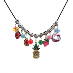 Summer pineapple strawberry fruit necklace with colorful beads on black woven cord