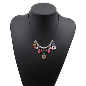 Bohemian colorful fruit pendant necklace with pineapple and strawberry on black cord
