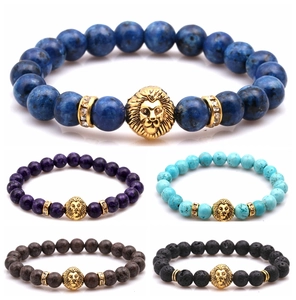 Vintage Lion Head Natural Stone Beaded Bracelet Punk Alloy Rhinestone Stretch Bracelet Fashion Jewelry For Men Women Unisex
