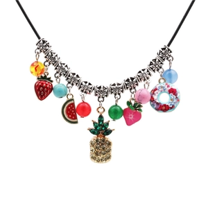 Boho Fruit Pendant Necklace Alloy Enamel Strawberry Watermelon Pineapple Doughnut Colorful Beaded Black Cord Women Jewelry
