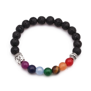 Detail of 8mm black lava stone chakra bracelet with silver Buddha head charm