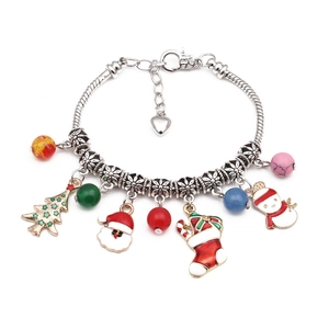 Bracelet à Breloques Perlé de Noël Agate Naturelle Alliage Émail Père Noël Bonhomme de Neige Sapin Bijoux pour Femmes Enfants