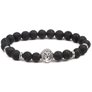 Minimalist lava stone beaded bracelet for men featuring a silver lion head metal charm