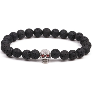 Black lava rock bead bracelet for men with silver zircon skull and red gem eyes