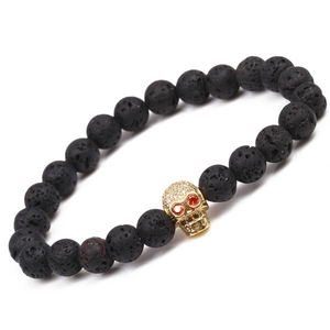 Punk Gothic Skull Bead Bracelet Natural Black Lava Rock Stones Rhinestone Inlaid Alloy Unisex Fashion Charm Jewelry Bracelet