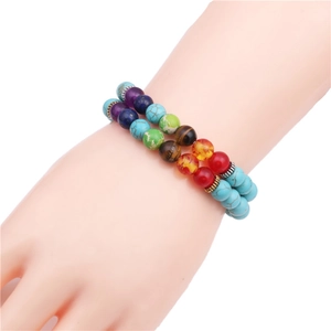 Chakra healing bracelet with colorful 8mm agate beads and turquoise on elastic cord