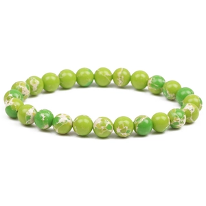 8mm green and cream Imperial Jasper beaded bracelet with elastic cord on white background