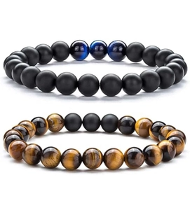 Matte black agate and tiger eye stone bead bracelets set for men and women