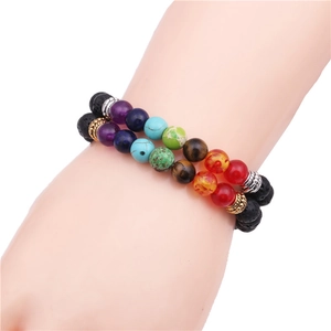 Double-layer 8mm lava stone and seven chakra beads energy bracelet for yoga balance
