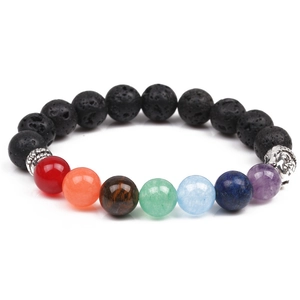 Bracciale energia 7 chakra con pietra lavica nera, perle colorate e testa di Buddha