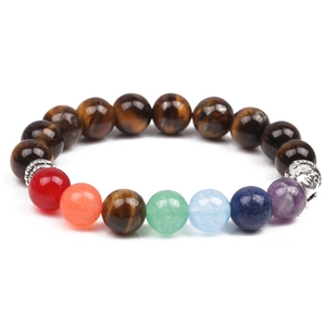 Bracciale Sette Chakra in Pietra Occhio di Tigre Con Testa di Buddha Argentata Gioielli Yoga Fatti a Mano per Uomo Donna