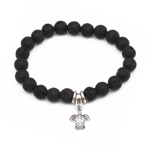 Bracelet en Perles de Pierre de Lave Noire Naturelle Avec Pendentif Tortue en Alliage d'Argent Bracelet Élastique pour Hommes Femmes Bijoux