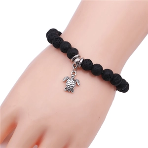 Bracelet en perles de pierre de lave avec breloque tortue marine en argent pour unisexe