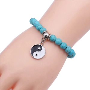 Bracelet en perles de turquoise 8mm avec pendentif Yin Yang Tai Chi pour hommes