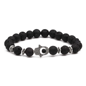8mm black lava stone bead bracelet with silver Hamsa Hand charm for men and women