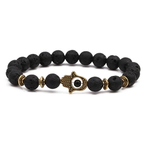 Hamsa Hand Lava Stone Beaded Bracelet For Men Women Natural Volcanic Rock Elastic Rope Healing Jewelry Religious Hand Bracelet