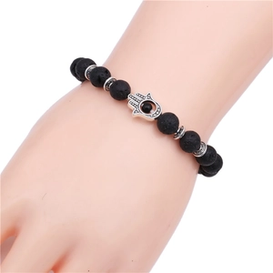 Mens black volcanic lava stone beaded hamsa hand charm bracelet with 8mm beads