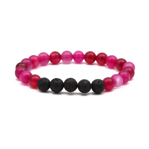 Pulsera elástica de ágata a rayas rosa de 8mm y piedra de lava negra para mujer
