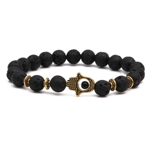 Men Handmade Lava Stone Beaded Bracelet With Hamsa Hand Evil Eye Charm Elastic Natural Stone Jewelry For Daily Wear