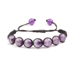 Adjustable amethyst bead bracelet with black braided rope for women and men