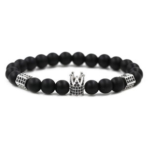Herren Armband-Set aus matten schwarzen Perlen mit silberner Krone und schwarzen Kristallen